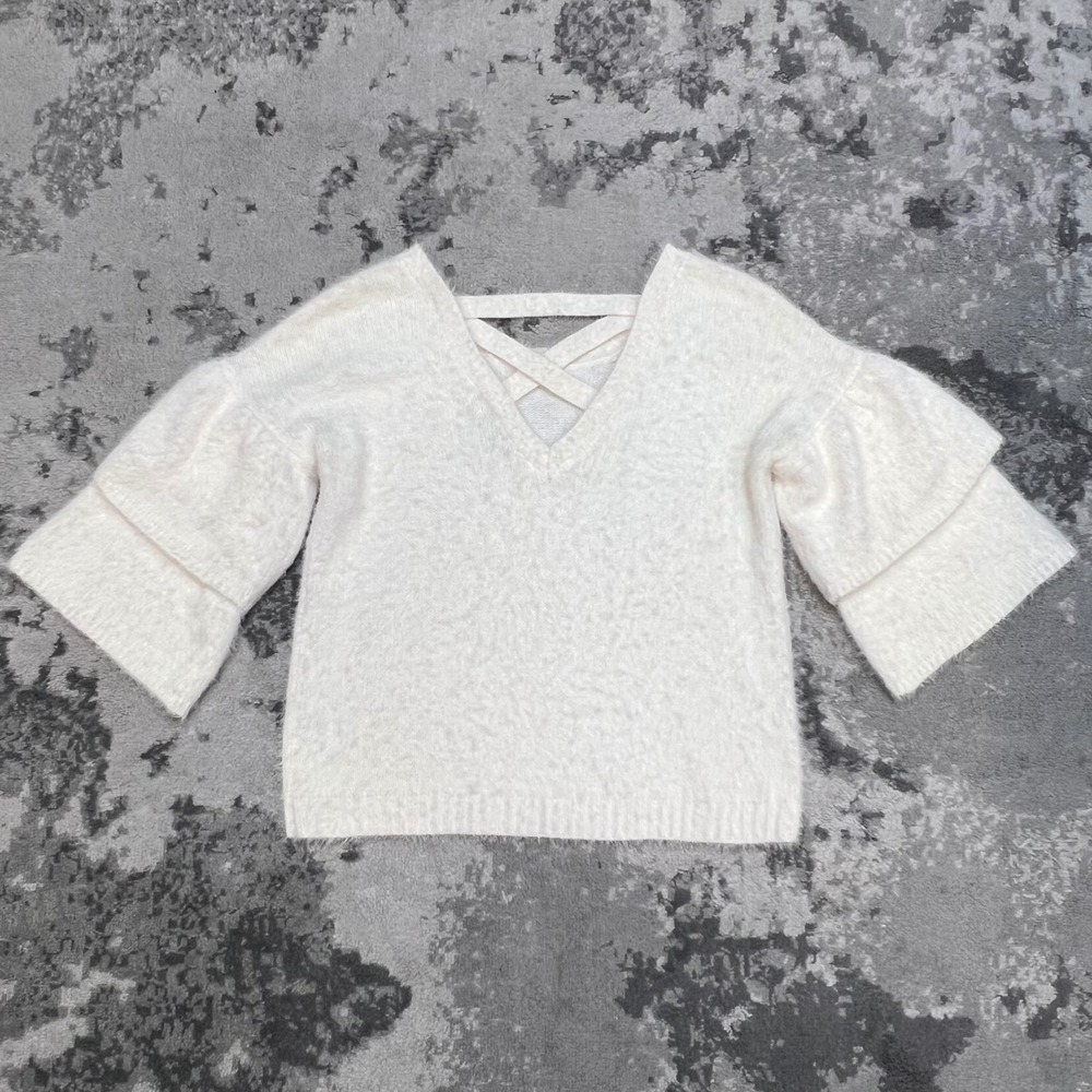 Sequin Hearts Womens Cream Eyelash Knit Bell Sleeve Crisscross Back Sweater L - Picture 3 of 7